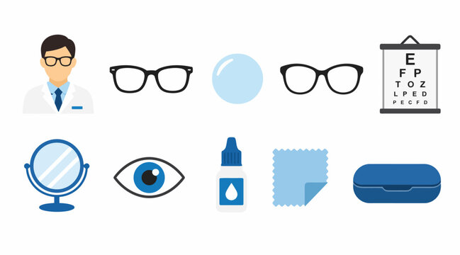 Flat design icons for eye care and optometry services.