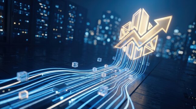Abstract glowing digital arrow pointing up with data stream lines over city background, representing technology growth, big data analytics, and future innovation.