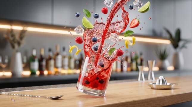 Dynamic splash of red berry cocktail with flying ice cubes, lime slices, strawberries, blueberries and raspberries over bar counter, capturing freshness