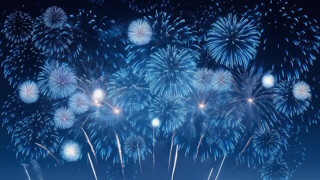 Dazzling night sky video with shimmering blue fireworks exploding in vibrant colorful display