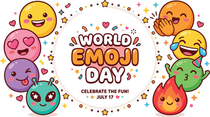 Fototapeta premium World Emoji Day July 17 Kawaii Cute Emoji Characters Celebration Banner for Social Media and Digital Greeting Cards