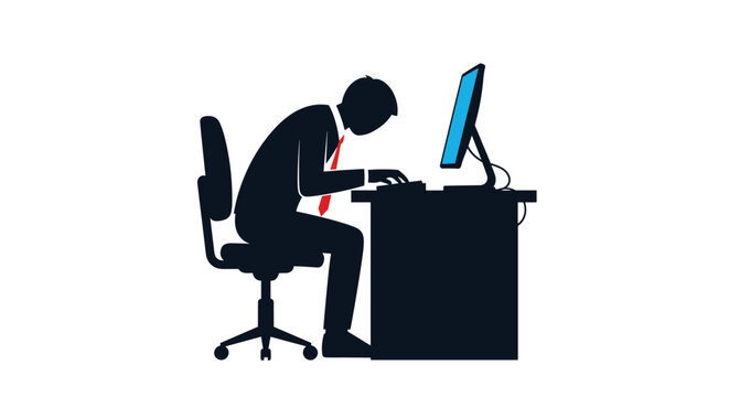Silhouette of an office worker sitting slouched at a computer desk, illustrating bad posture and back pain risk.