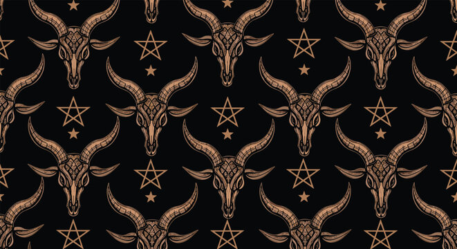 Dark gothic seamless background pattern displaying detailed goat skulls and occult pentagram symbols with stars.