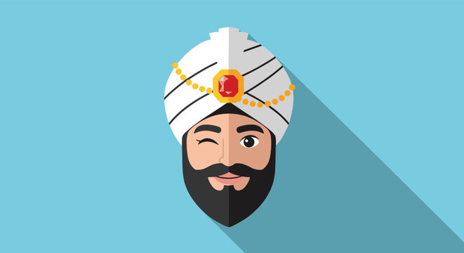 Close up portrait illustration of a friendly beard indian man wearing a classic white turban and winking his eye.