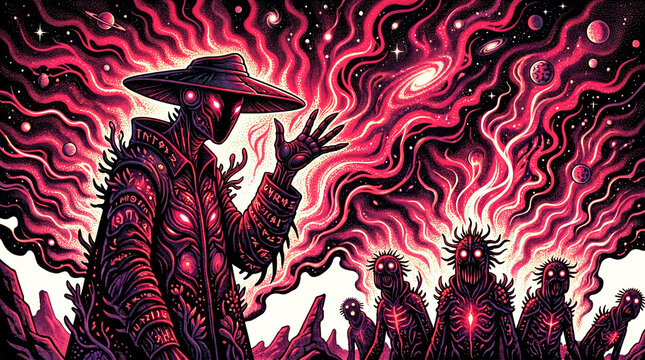 surrealistic nightmare gothic style illustration of mysterious human like figure with evil powers with monster followers
