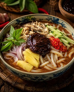 Penang asam laksa noodle soup with fish and tamarind broth