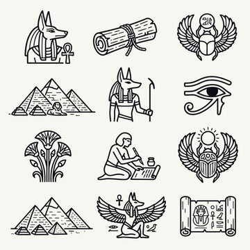 Ancient Egypt icons set with pyramids, pharaoh symbols and hieroglyphs