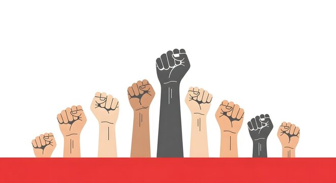 Diverse raised fists showing unity and protest isolated on white background