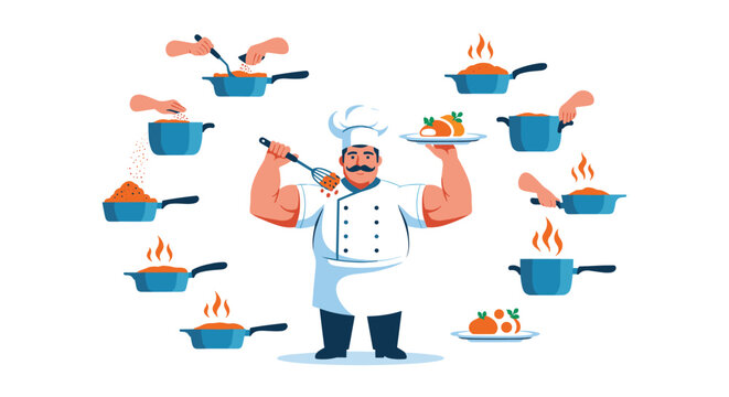 Strong muscular chef holding spatula and plate of food surrounded by a circle of cooking pots and pans in action.