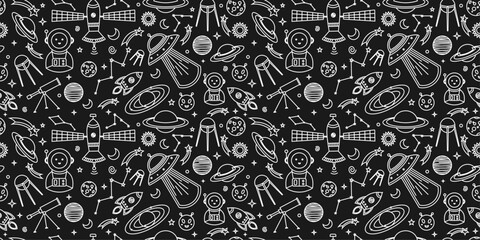 Space themed pattern background. Seamless pattern of space themed doodle pattern background. Hand drawn spaces doodle pattern background. Seamless space planet kid doodle universe design. © Predi
