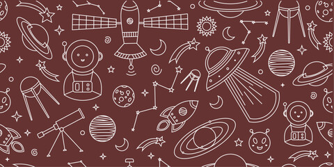 Space themed pattern background. Seamless pattern of space themed doodle pattern background. Hand drawn spaces doodle pattern background. Seamless space planet kid doodle universe design. © Predi