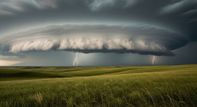Dark storm clouds gathering over a vast green prairie with distant lightning