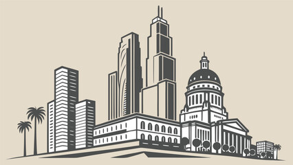 Fototapeta premium Minimalist Architectural Graphic Design of City Skyline with Buildings and Dome