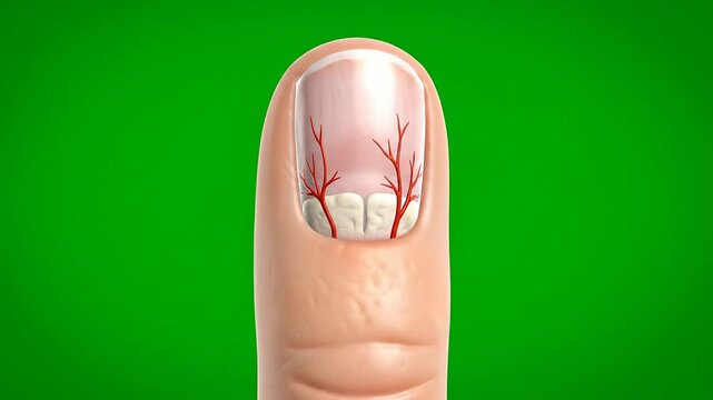 Detailed 3D CGI Medical Animation of Human Nail Anatomy Showcasing Blood Vessels and Tissue Layers Against a Green Background