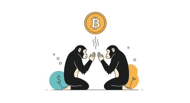 Humorous meme concept of two chimpanzees kneeling and praying to a golden Bitcoin coin floating in the air on white.