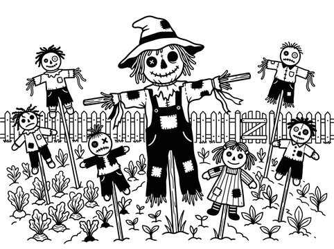 Group of spooky scarecrows in a vegetable garden, coloring page