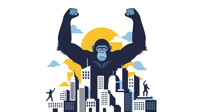Classic movie style silhouette of a giant gorilla rising behind city skyscrapers under a bright orange sun graphic.