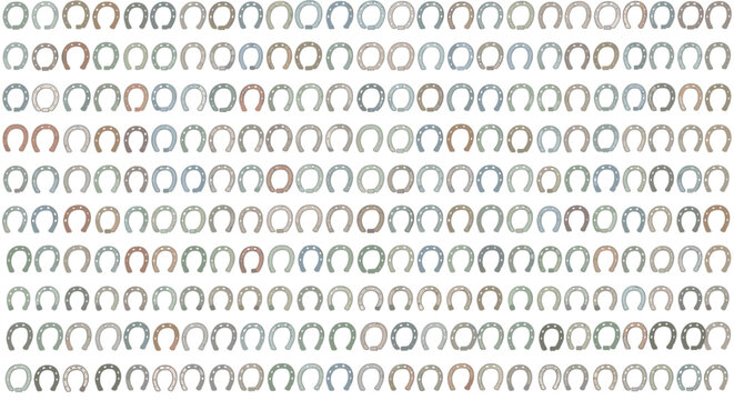 Beautiful seamless luck background pattern composed of numerous colorful horse shoes on a plain white surface.