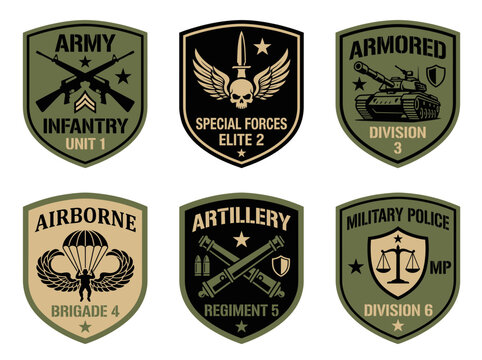 Set of military unit patches with infantry, special forces, armored, airborne, artillery, and military police emblems