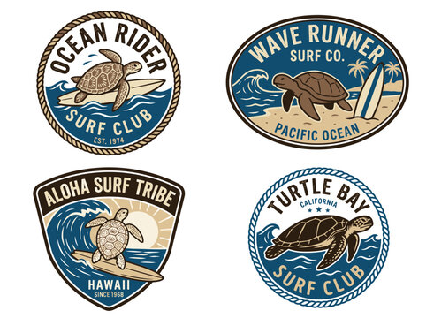 Vintage surf club emblems with sea turtles and surfboards set