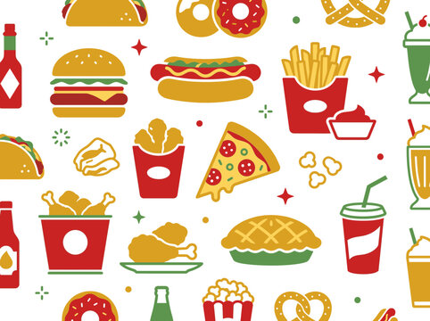 Fast food seamless pattern with burger pizza taco and fried chicken