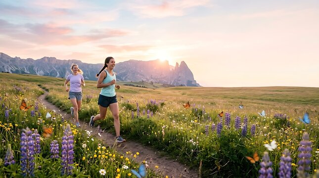 Happy women running through a wildflower meadow in the mountains