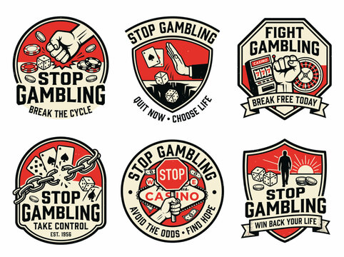 Set of stop gambling badges and emblems with casino elements