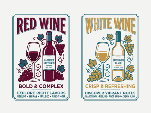 Set of red and white wine labels with bottles, glasses and grapes