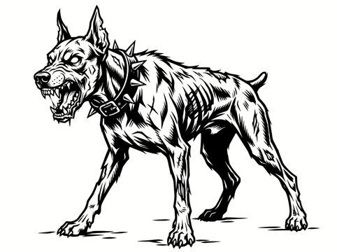 Aggressive doberman dog with spiked collar, black and white vector illustration