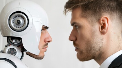 Obraz premium Human and Robot Face Off in Intense Standoff Exploring Future of Technology and Humanity Interaction
