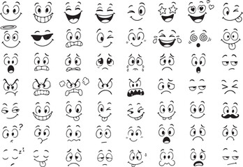 Fototapeta premium Set of many funny cartoon facial expressions with different emotions and moods