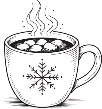 Vintage hand drawn hot chocolate mug with marshmallows, winter cocoa cup with snowflake design, cozy holiday drink vector illustration