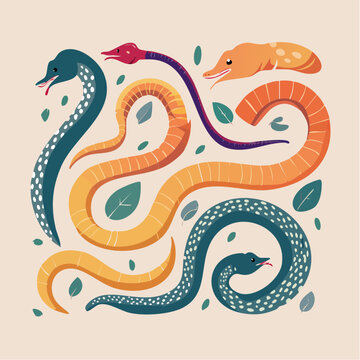 Flat design illustration of various colorful snakes and leaves