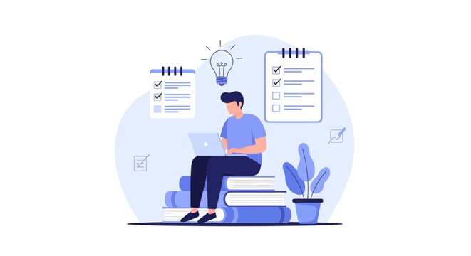 Man working on laptop on stack of books with ideas and tasks.