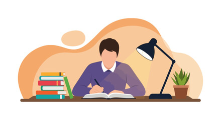 Fototapeta premium Student studying at desk with books and lamp.