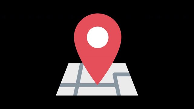 Vibrant red location pin icon placed on a stylized map graphic, representing navigation, geographical points of interest, and digital mapping technology for online platforms and applications