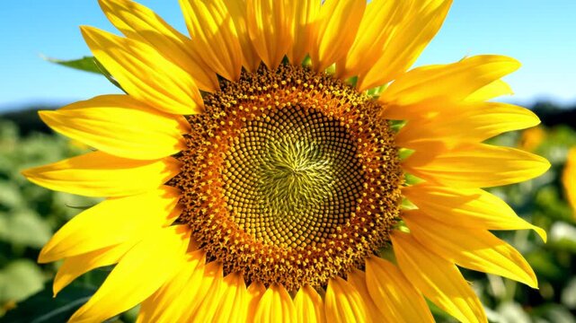 Close-up of a sunflower bud opening to reveal bright yellow petals against a clear blue sky, green sepals and agricultural field background under bright natural sunlight in summer.
