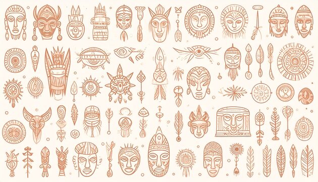 Collection of Tribal Masks and Amulets in Linear Style.