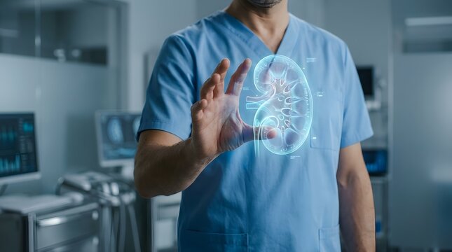 Medical professional in blue scrubs interacts with a glowing holographic kidney, symbolizing advanced healthcare technology and futuristic organ diagnostics