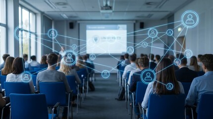 Fototapeta premium Professional seminar attendees in auditorium watching presentation with glowing digital human connection nodes overlay representing corporate networking and collaboration