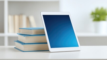 Fototapeta premium Modern digital tablet resting against stack of blue-covered books on a sleek white desk in a bright, minimalist interior environment with soft lighting
