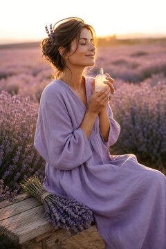 Serene free-spirited woman in a lavender dress closing her eyes while holding a perfume bottle in a lavender field, evoking calming tranquility and organic aroma