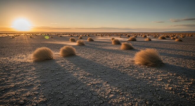 Dry tumbleweeds rolling across a vast and empty flat desert landscape