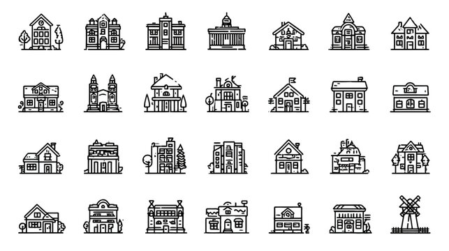Small town and village building line icon collection.