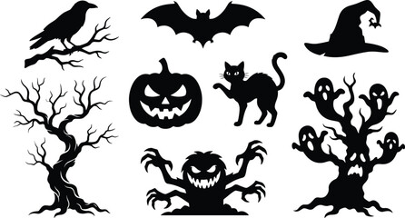 Fototapeta premium Halloween silhouette icons featuring pumpkins, bats, cats, witches, monsters, haunted trees, and spooky ravens