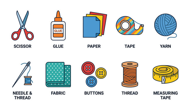 Colorful flat icons of sewing and crafting supplies.