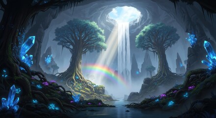Obraz premium Enchanting Fantasy Cave with Waterfall, Rainbow, Glowing Crystals and Ancient Trees in a Mystical Underground World