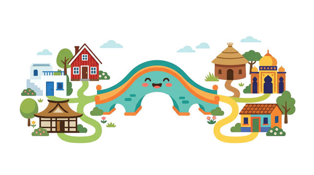 Cartoon bridge connecting various traditional architectural styles and cultural homes