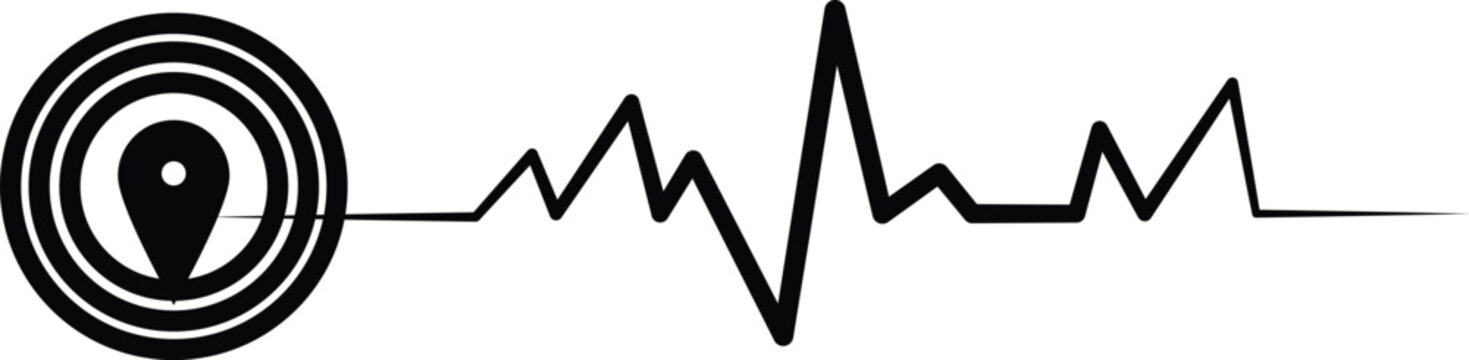 Earthquake epicenter location pin inside concentric circles with an extending seismic wave graph, black vector icon on a white background.