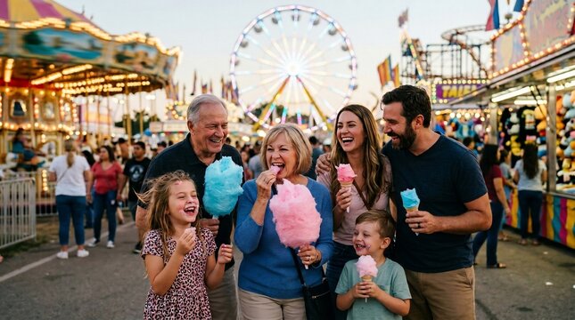 Happy multi-generational family eating cotton candy at a funfair carnival.